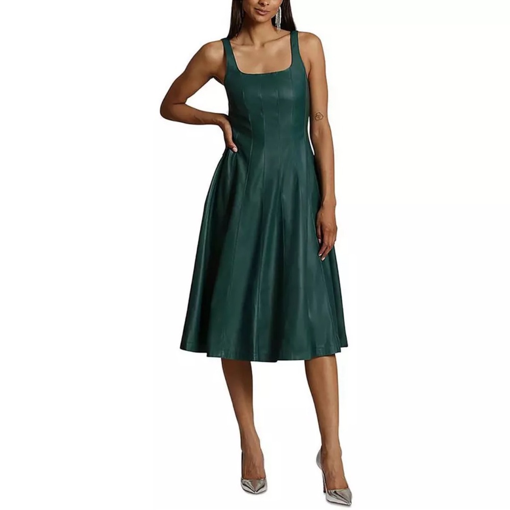 Faux-Leather Square Neck Pine DRESS Swing A Line Avec Les Filles Women $149 XS